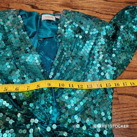 Vintage 80s Oleg Cassini Sequin Teal Dress - Picture 6 of 8
